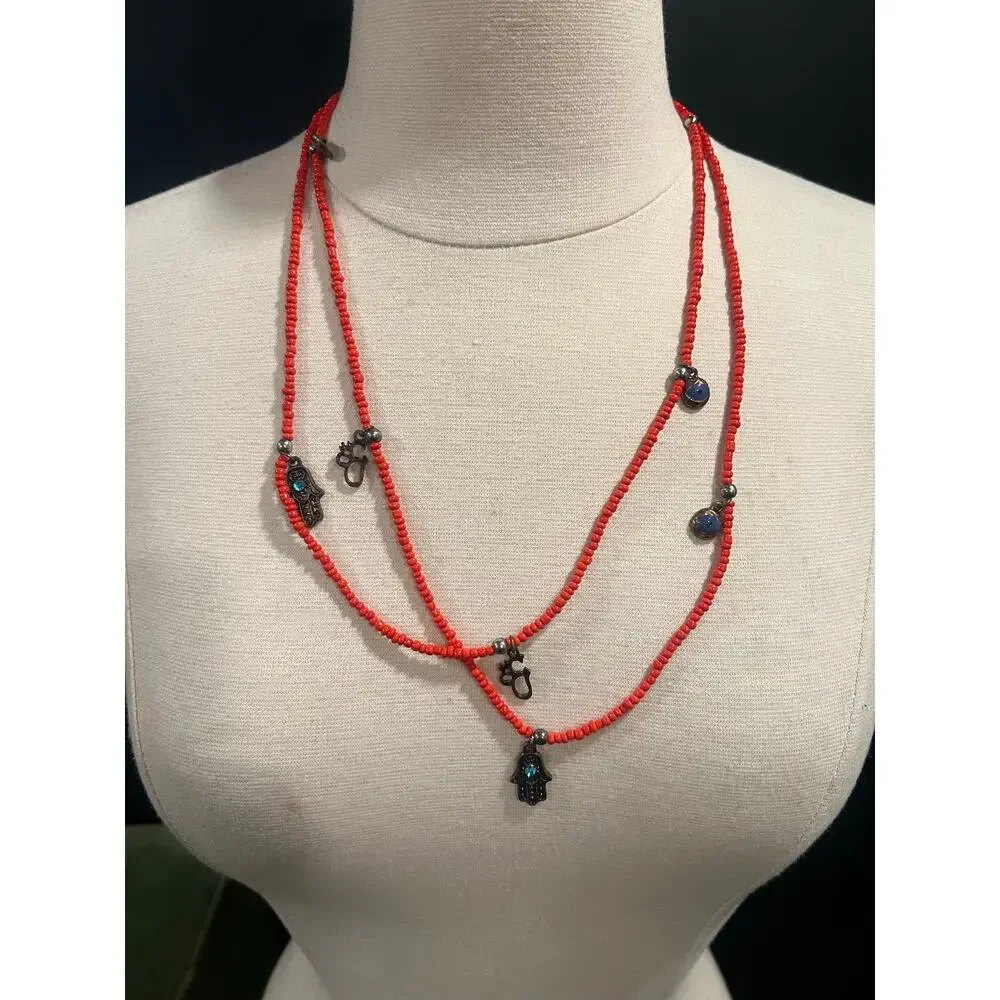 Long Red Seed Bead Hamsa Evil Eye Charm Necklace Boho Y2K